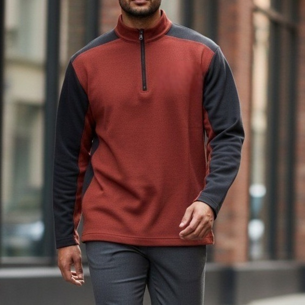 prAna Mens 1/4 Zip Pullover Rust/Black‎ Color block Fleece L USA Snake Heritage